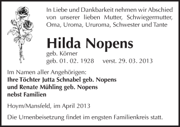 Traueranzeige von Hilda Nopens von Mitteldeutsche Zeitung Aschersleben