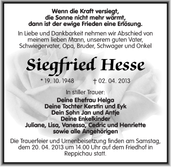 Traueranzeige von Siegfried Hesse von Mitteldeutsche Zeitung Köthen