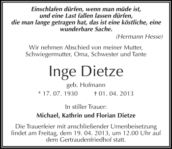 Traueranzeige von Inge Dietze von Mitteldeutsche Zeitung Halle/Saalkreis