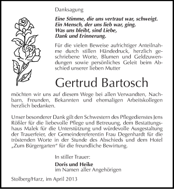 Traueranzeige von Gertrud Bartosch von Mitteldeutsche Zeitung Sangerhausen