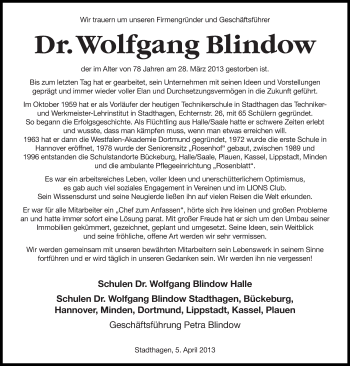 Traueranzeige von Wolfgang Blindow von Mitteldeutsche Zeitung Halle/Saalkreis