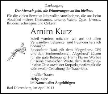Traueranzeige von Arnim Kurz von Mitteldeutsche Zeitung Merseburg/Querfurt