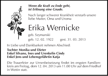 Traueranzeige von Erika Wernicke von Mitteldeutsche Zeitung Halle/Saalkreis