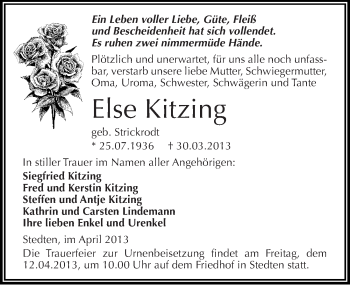 Traueranzeige von Else Kitzing von Mitteldeutsche Zeitung Aschersleben