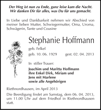 Traueranzeige von Stephanie Hoffmann von Mitteldeutsche Zeitung Sangerhausen