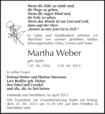 Traueranzeige von Martha Weber von Mitteldeutsche Zeitung Mansfelder Land