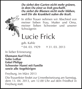 Traueranzeige von Lucie Frick von Mitteldeutsche Zeitung Naumburg/Nebra