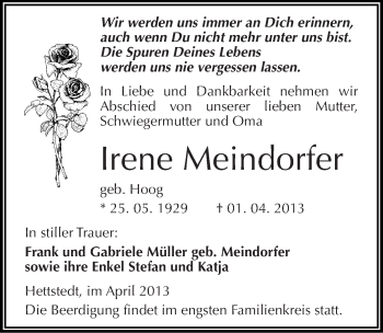 Traueranzeige von Irene Meindorfer von Mitteldeutsche Zeitung Mansfelder Land