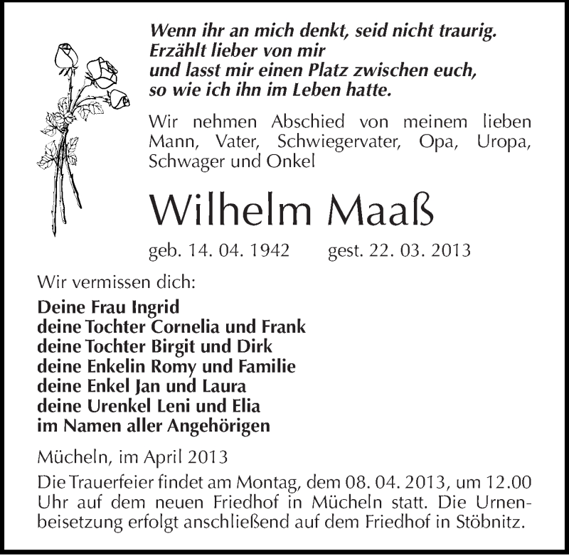  Traueranzeige für Wilhelm Maaß vom 04.04.2013 aus Mitteldeutsche Zeitung Merseburg/Querfurt
