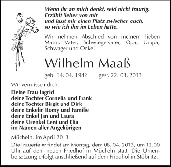 Traueranzeige von Wilhelm Maaß von Mitteldeutsche Zeitung Merseburg/Querfurt