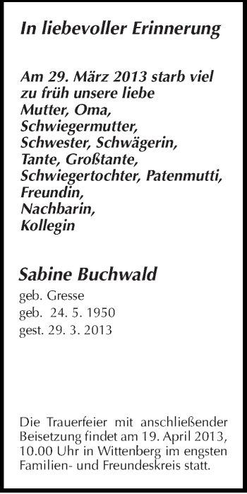 Traueranzeige von Sabine Buchwald von Mitteldeutsche Zeitung