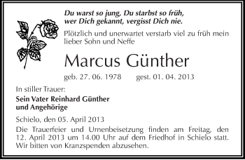 Traueranzeige von Marcus Günther von Mitteldeutsche Zeitung Quedlinburg