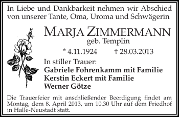 Traueranzeige von Marja Zimmermann von Mitteldeutsche Zeitung Halle/Saalkreis