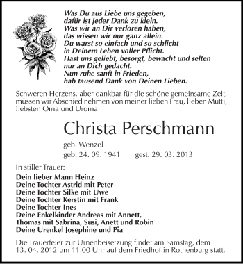 Traueranzeige von Christa Perschmann von Mitteldeutsche Zeitung Halle/Saalkreis