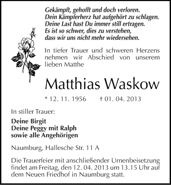 Traueranzeige von Matthias Waskow von Mitteldeutsche Zeitung Naumburg/Nebra