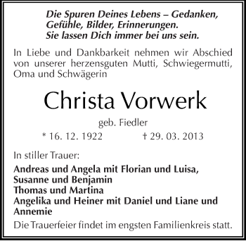 Traueranzeige von Christa Vorwerk von Mitteldeutsche Zeitung Dessau-Roßlau