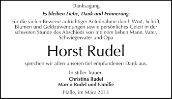 Traueranzeige von Horst Rudel von Mitteldeutsche Zeitung Halle/Saalkreis