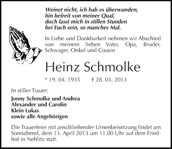 Traueranzeige von Heinz Schmolke von Mitteldeutsche Zeitung Halle/Saalkreis