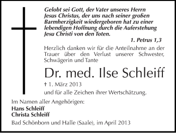 Traueranzeige von Ilse Schleiff von Mitteldeutsche Zeitung Halle/Saalkreis