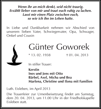 Traueranzeige von Günter Goworek von Mitteldeutsche Zeitung Aschersleben