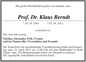 Traueranzeige von Klaus Berndt von Mitteldeutsche Zeitung Halle/Saalkreis