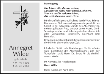 Traueranzeige von Annegret Wilde von Mitteldeutsche Zeitung Halle/Saalkreis