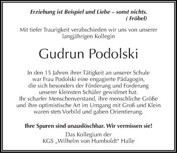Traueranzeige von Gudrun Podolski von Mitteldeutsche Zeitung Halle/Saalkreis