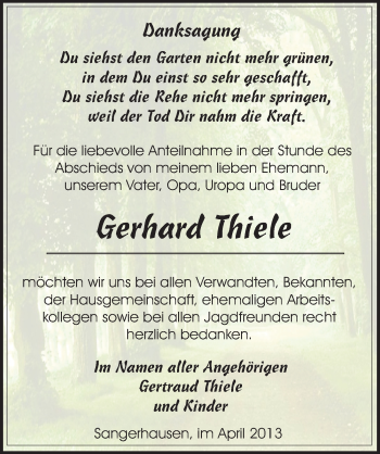Traueranzeige von Gerhard Thiele von Mitteldeutsche Zeitung Sangerhausen