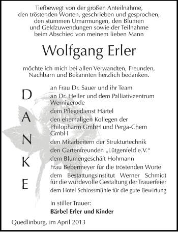 Traueranzeige von Wolfgang Erler von Mitteldeutsche Zeitung Quedlinburg