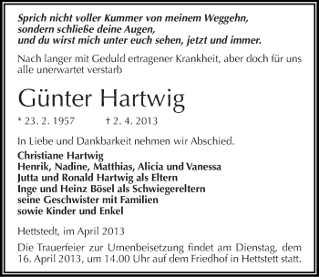 Traueranzeige von Günter Hartwig von Mitteldeutsche Zeitung Aschersleben