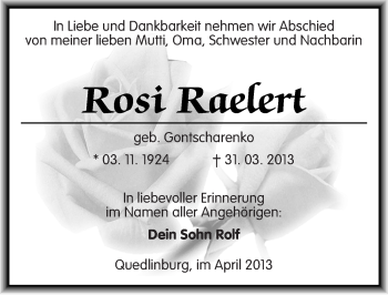 Traueranzeige von Rosi Raelert von Mitteldeutsche Zeitung Quedlinburg