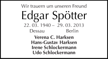 Traueranzeige von Edgar Spötter von Mitteldeutsche Zeitung Dessau-Roßlau