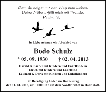 Traueranzeige von Bodo Schulz von Mitteldeutsche Zeitung Halle/Saalkreis