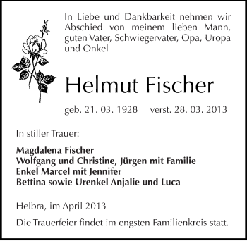Traueranzeige von Helmut Fischer von Mitteldeutsche Zeitung Aschersleben