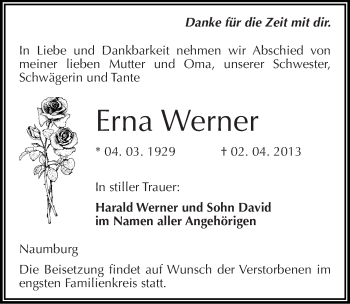 Traueranzeige von Erna Werner von Mitteldeutsche Zeitung Naumburg/Nebra