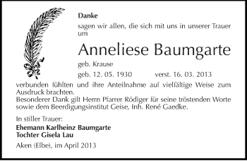 Traueranzeige von Anneliese Baumgarte von Mitteldeutsche Zeitung Köthen