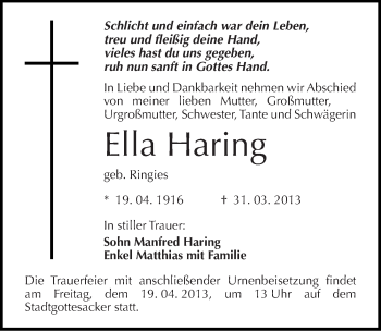 Traueranzeige von Ella Haring von Mitteldeutsche Zeitung Halle/Saalkreis