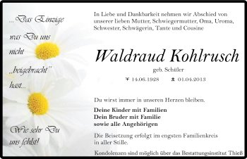 Traueranzeige von Waldraud Kohlrusch von Mitteldeutsche Zeitung Quedlinburg