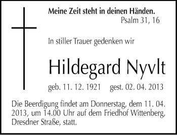 Traueranzeige von Hildegard Nyvlt von Mitteldeutsche Zeitung Wittenberg