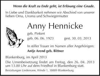 Traueranzeige von Anny Hennicke von Mitteldeutsche Zeitung Merseburg/Querfurt