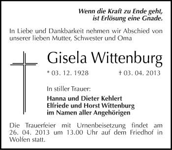 Traueranzeige von Gisela Wittenburg von Mitteldeutsche Zeitung Bitterfeld