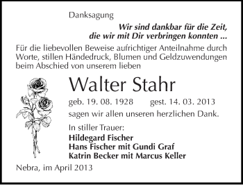 Traueranzeige von Walter Stahr von Mitteldeutsche Zeitung Naumburg/Nebra