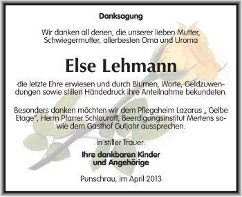 Traueranzeige von Else Lehmann von Mitteldeutsche Zeitung Naumburg/Nebra