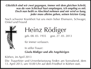 Traueranzeige von Heinz Rödiger von Mitteldeutsche Zeitung Köthen
