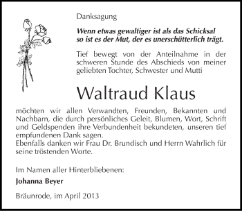 Traueranzeige von Waltraud Klaus von Mitteldeutsche Zeitung Aschersleben