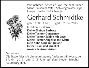 Traueranzeige von Gerhard Schmidtke von Mitteldeutsche Zeitung Naumburg/Nebra