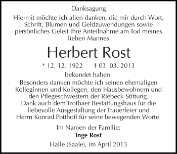 Traueranzeige von Herbert Rost von Mitteldeutsche Zeitung Halle/Saalkreis