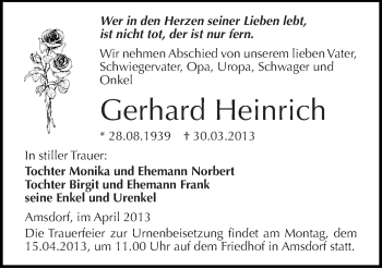 Traueranzeige von Gerhard Heinrich von Mitteldeutsche Zeitung Aschersleben