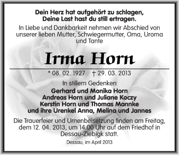 Traueranzeige von Irma Horn von Mitteldeutsche Zeitung Dessau-Roßlau