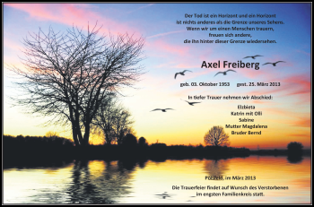 Traueranzeige von Axel Freiberg von Mitteldeutsche Zeitung Sangerhausen